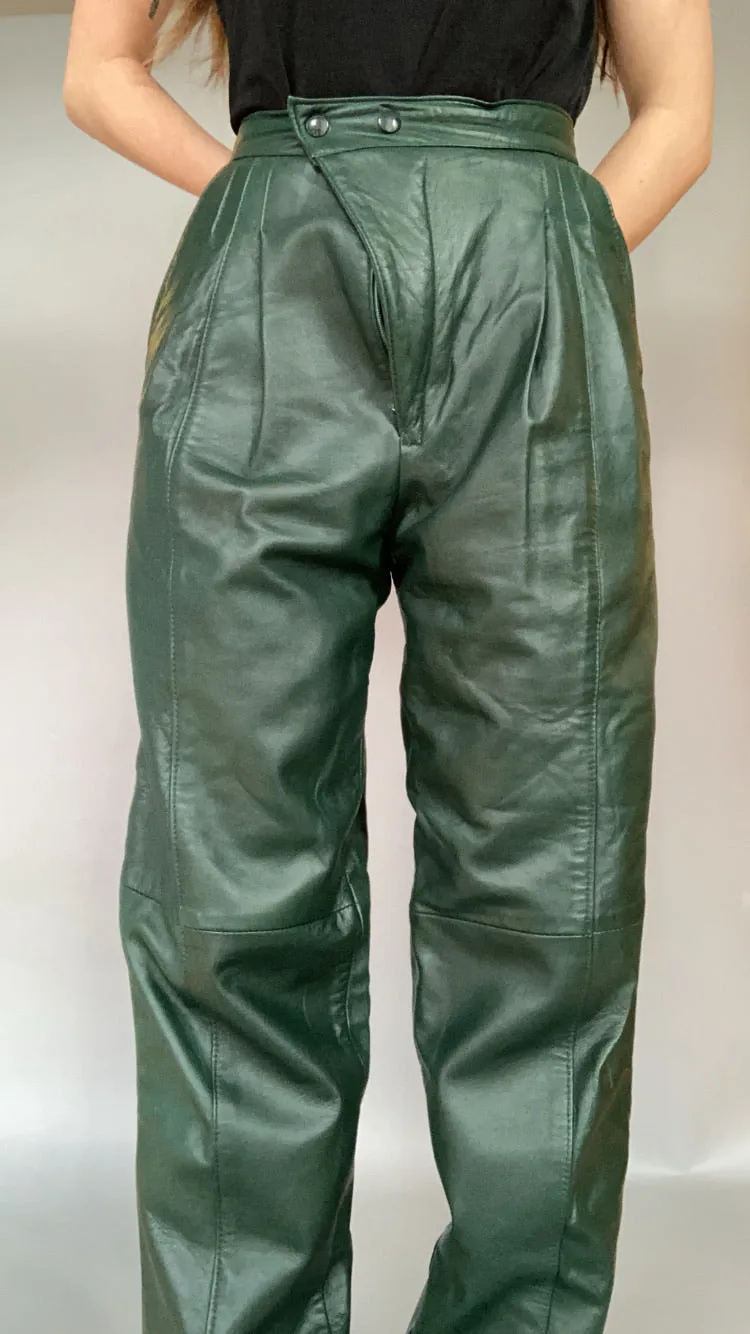 80s Forest Green 100% Leather Pants