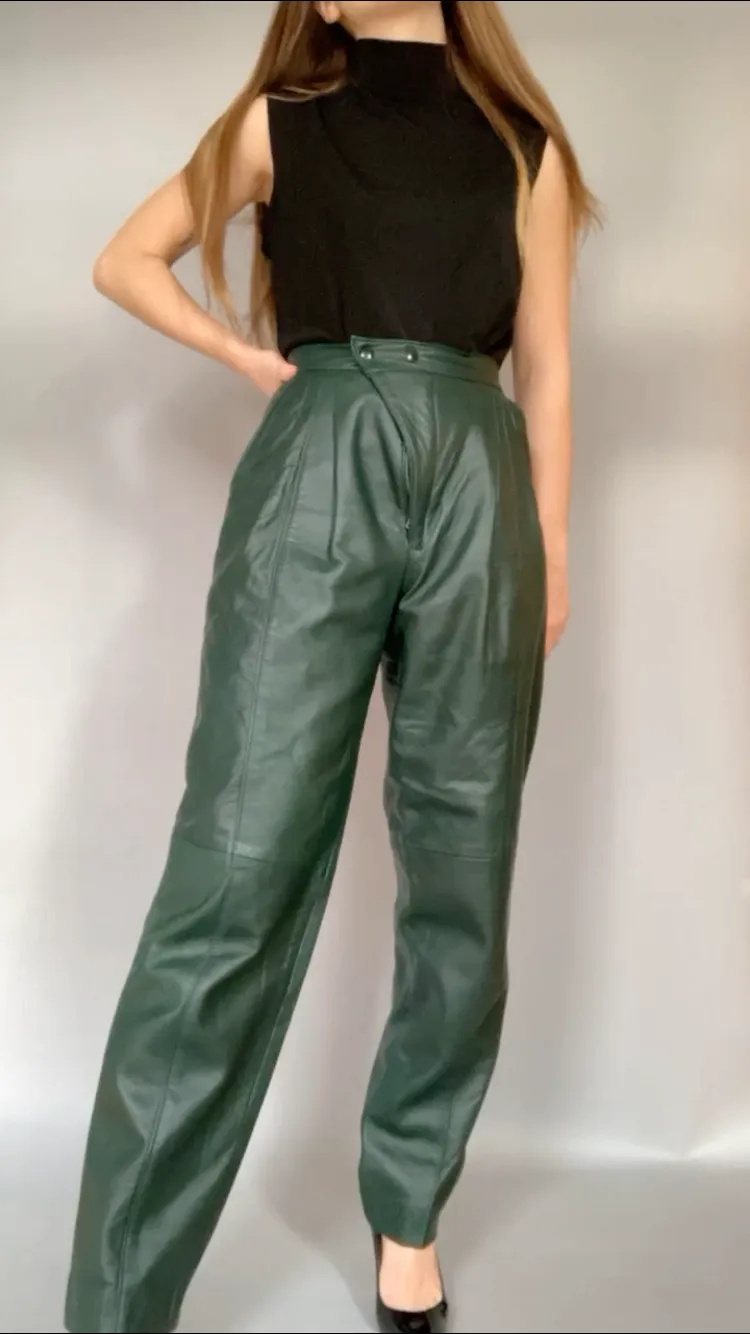 80s Forest Green 100% Leather Pants