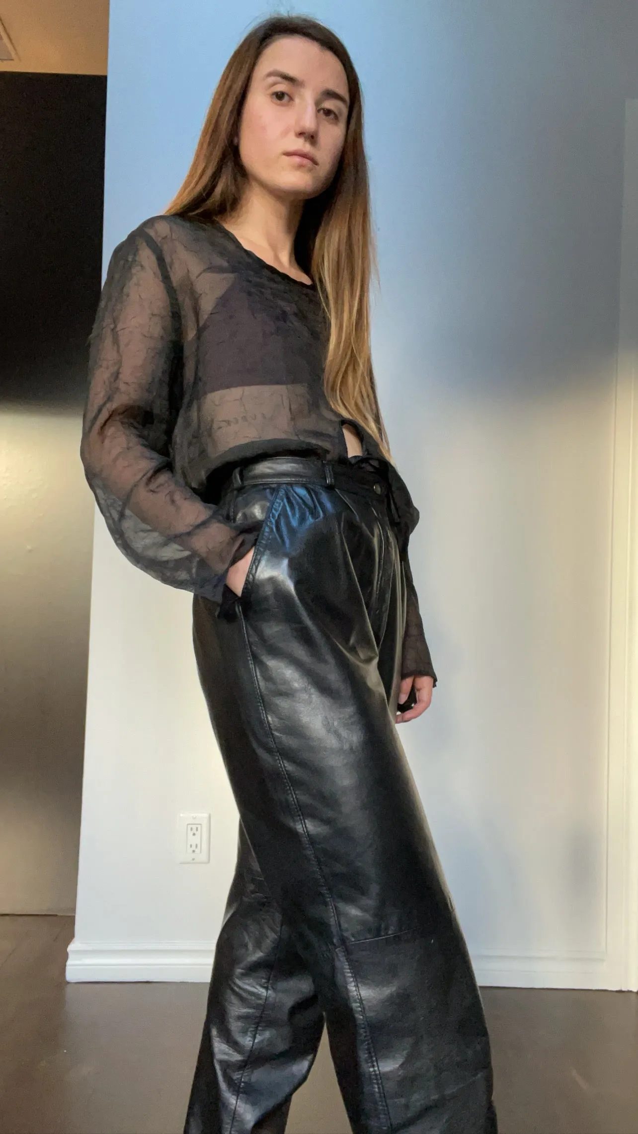 90s Black High-Rise Leather Trousers - 31