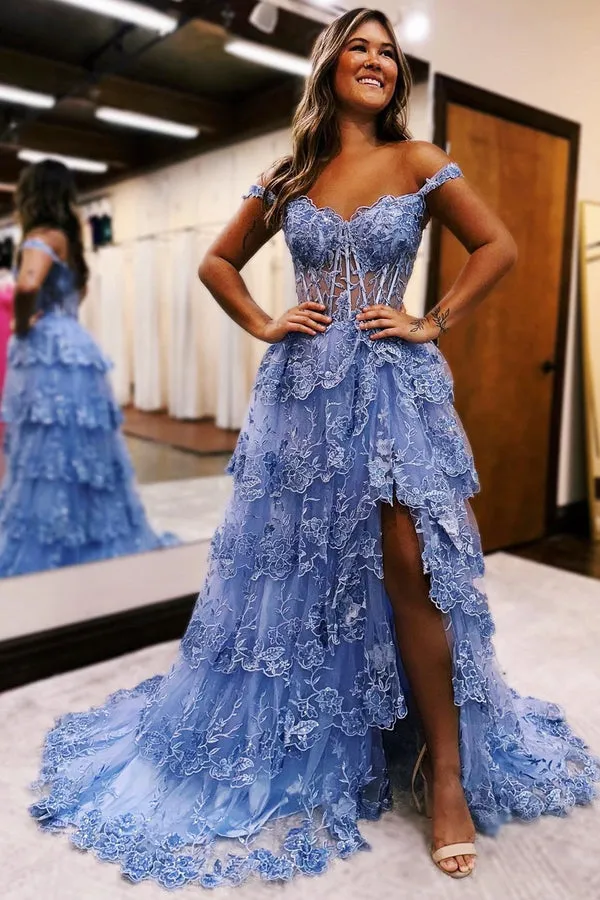 A Line Blue Tulle Rffules Long Prom Dress with Appliques, Slit Formal Gown GP715