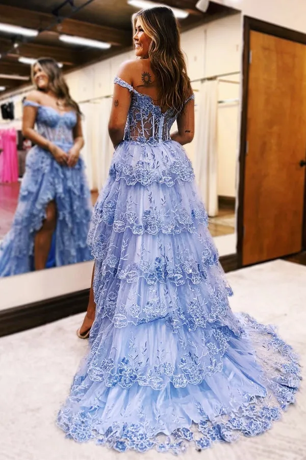 A Line Blue Tulle Rffules Long Prom Dress with Appliques, Slit Formal Gown GP715