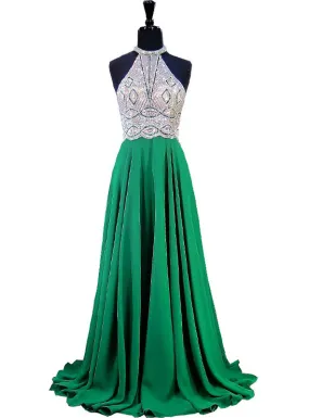 A-line Halter Sleeveless Beaded Floor Length Chiffon Prom Dress