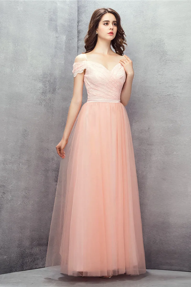 A-line Pink Off Shoulder Lace Prom Dresses