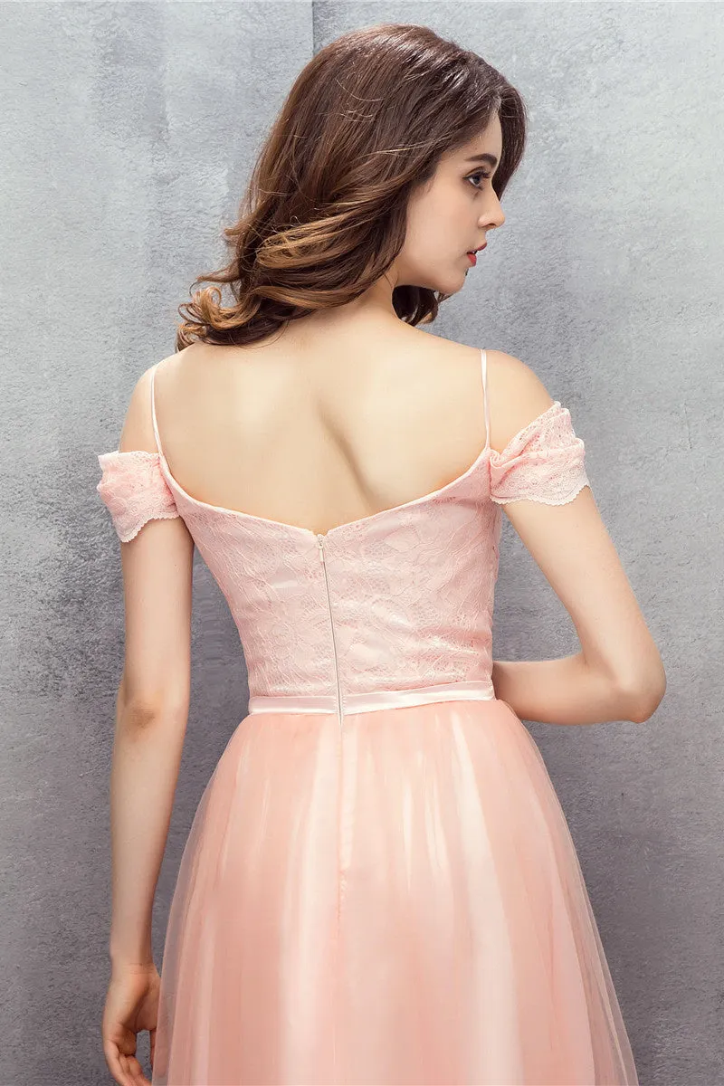 A-line Pink Off Shoulder Lace Prom Dresses