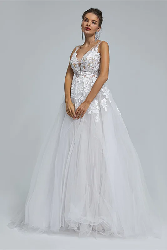 A-LINE SHEER STRAPS V-NECK TULLE APPLIQUE FLOOR-LENGTH SLEEVELESS WEDDING DRESSES