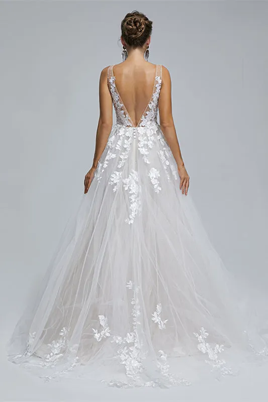 A-LINE SHEER STRAPS V-NECK TULLE APPLIQUE FLOOR-LENGTH SLEEVELESS WEDDING DRESSES