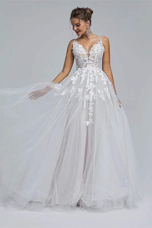 A-LINE SHEER STRAPS V-NECK TULLE APPLIQUE FLOOR-LENGTH SLEEVELESS WEDDING DRESSES