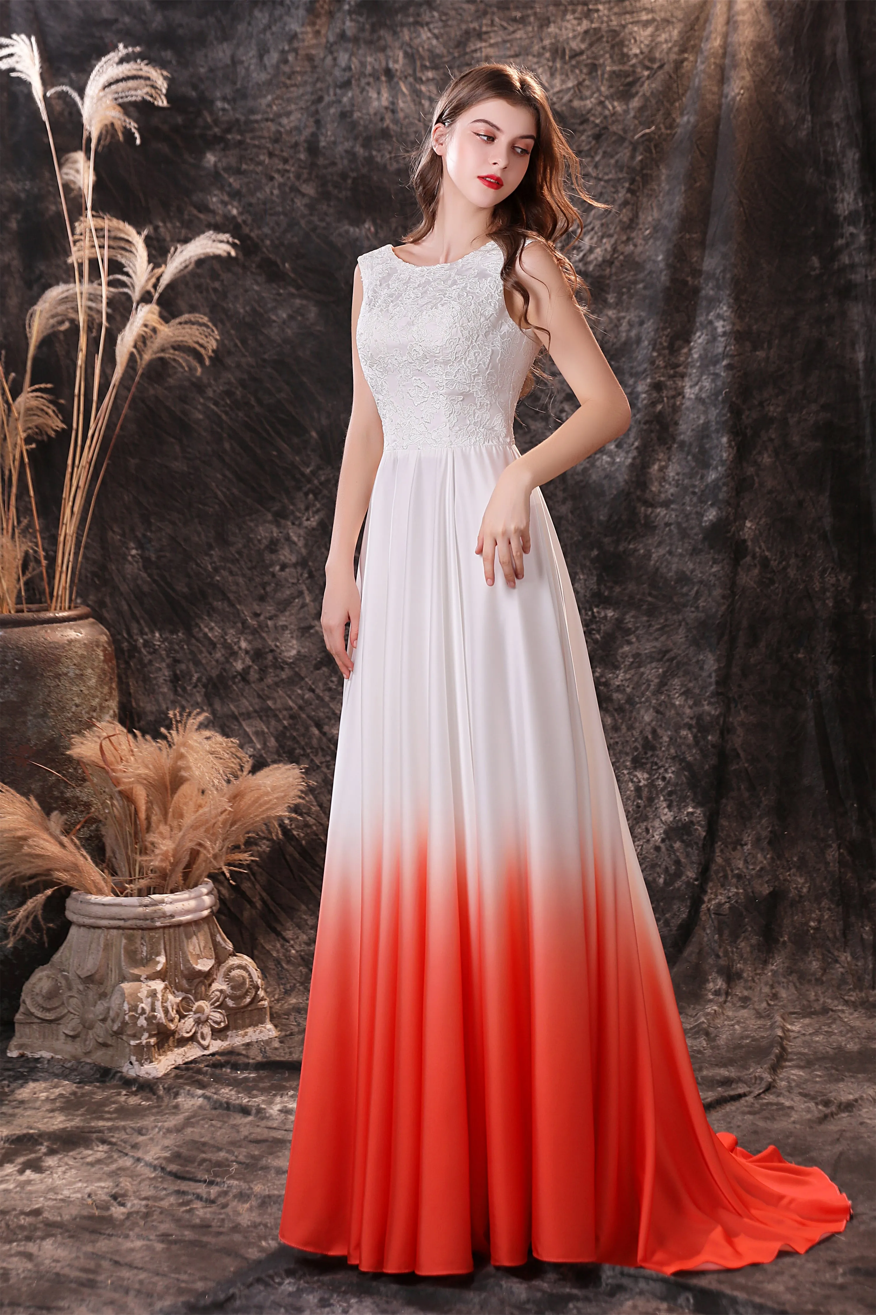 A Line Sleeveless Ombre Silk Like Satin Sweep Train Prom Dresses