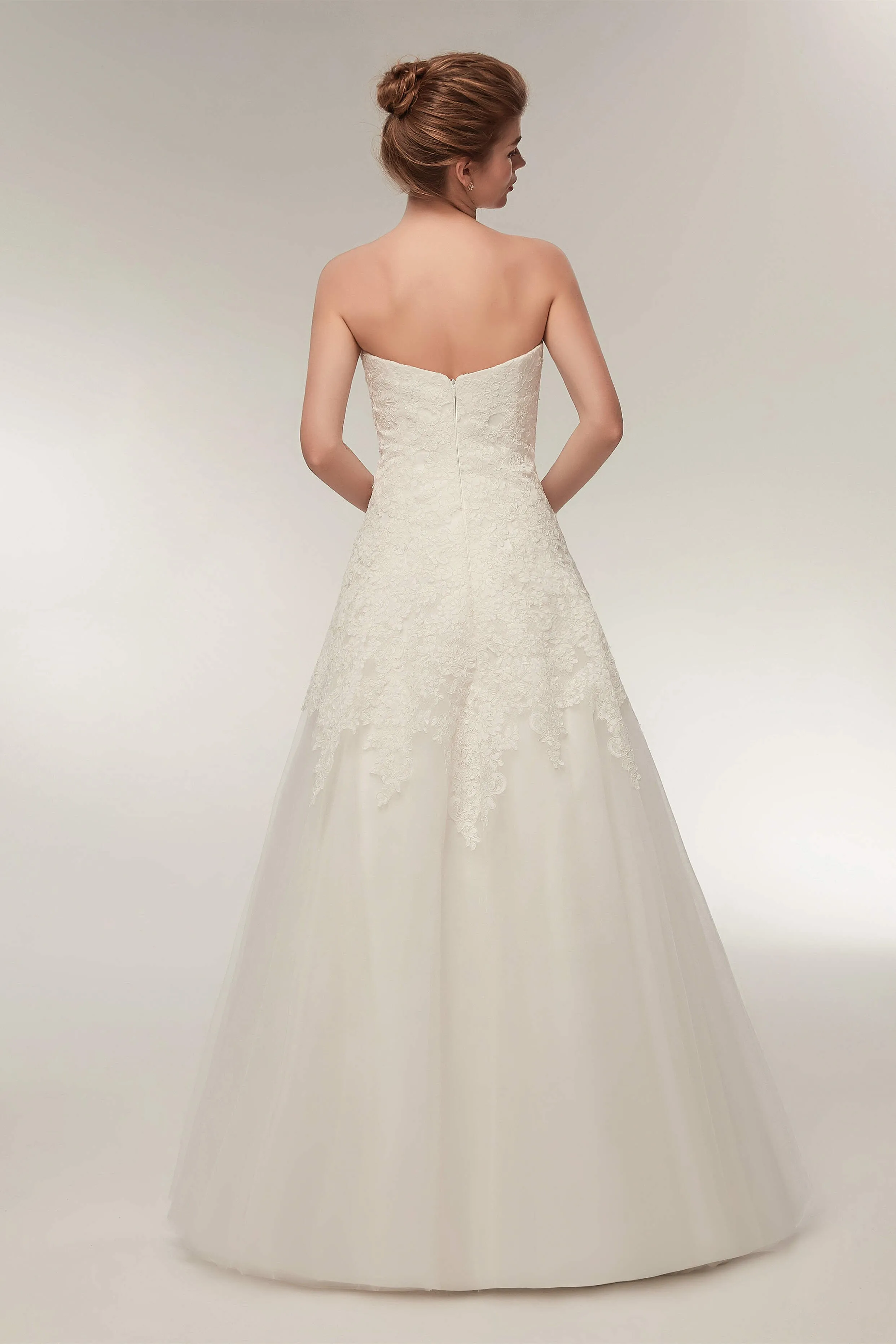 A Line Strapless Ivory Lace Floor Length Wedding Dresses