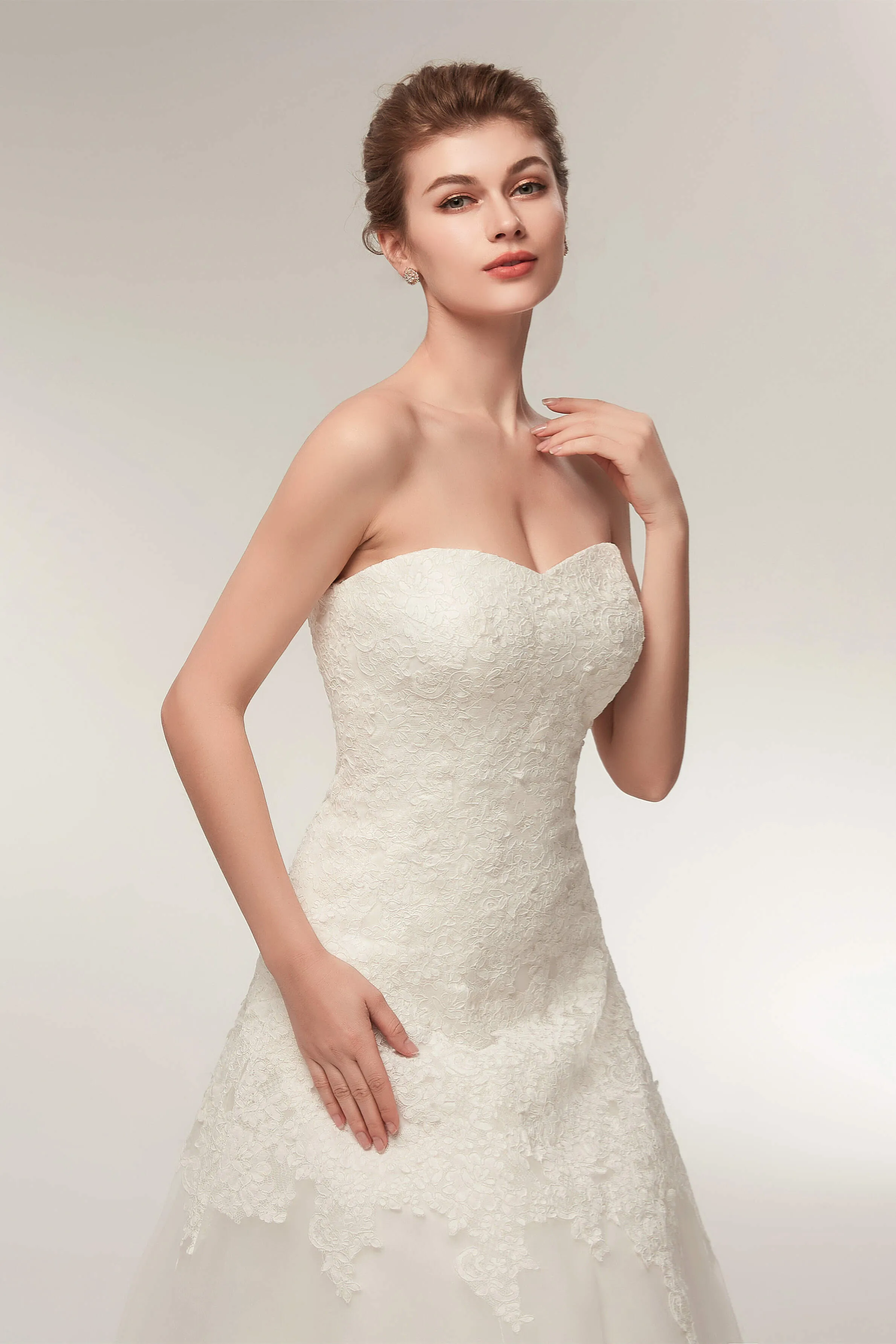 A Line Strapless Ivory Lace Floor Length Wedding Dresses