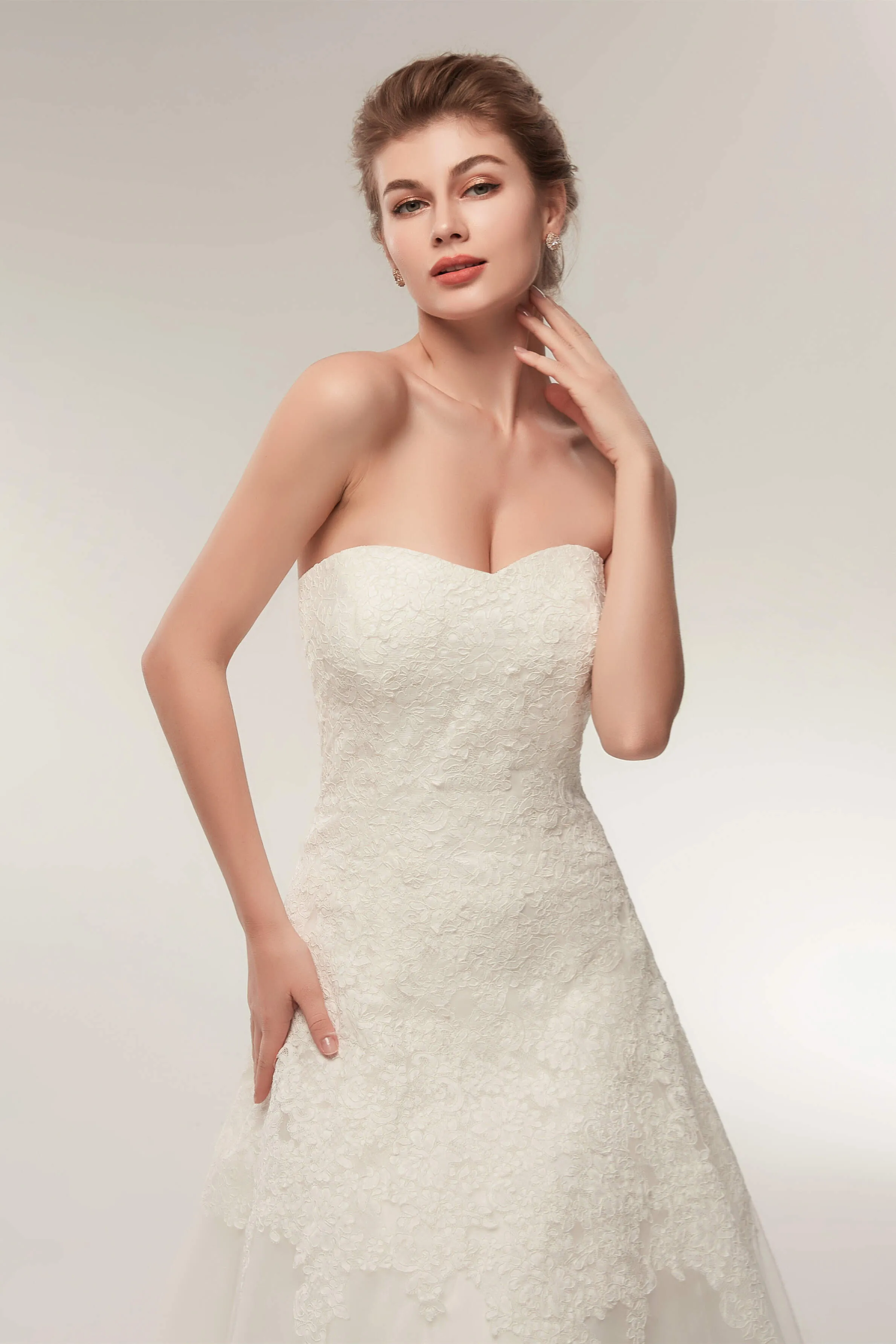 A Line Strapless Ivory Lace Floor Length Wedding Dresses