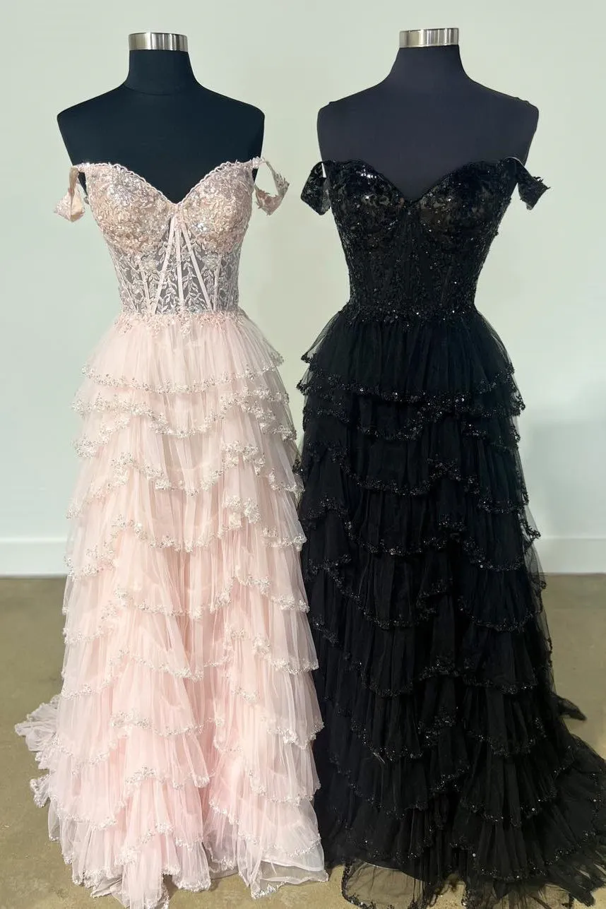 A-Line Sweetheart Champagne Tulle Prom Dresses with Appliques