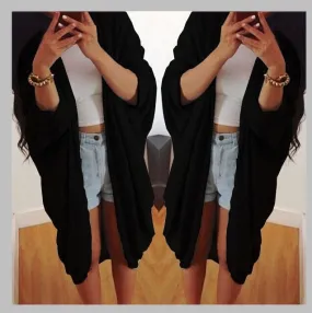 Batwing Solid Pleated Long Cardigan Coat