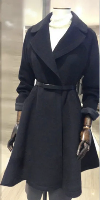 Belt Lapel Pleated Solid Pockets Long Coat