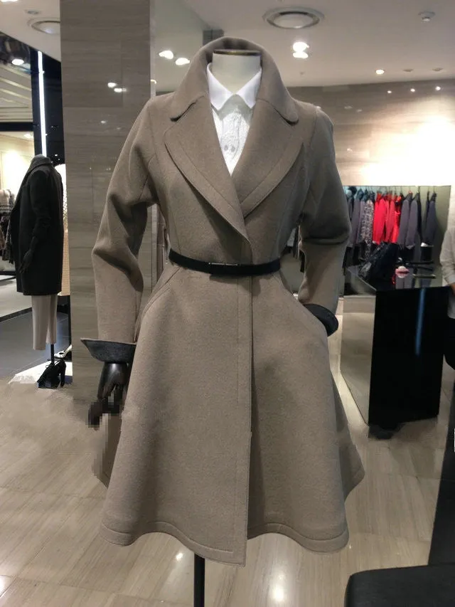 Belt Lapel Pleated Solid Pockets Long Coat