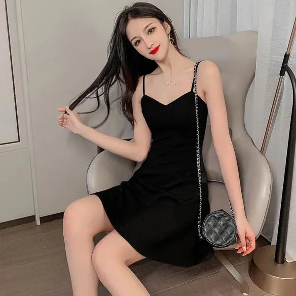 Black Dress Women Outdoor Slim-Look Spaghetti Strap A-Line Skirt Hepburn Little Petite