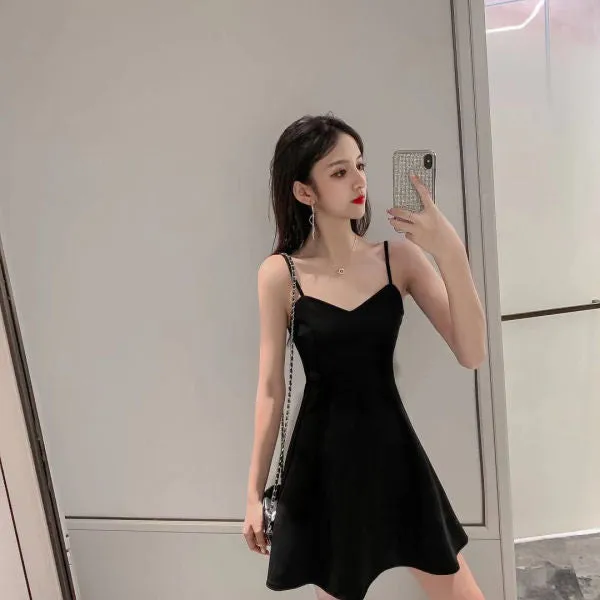 Black Dress Women Outdoor Slim-Look Spaghetti Strap A-Line Skirt Hepburn Little Petite