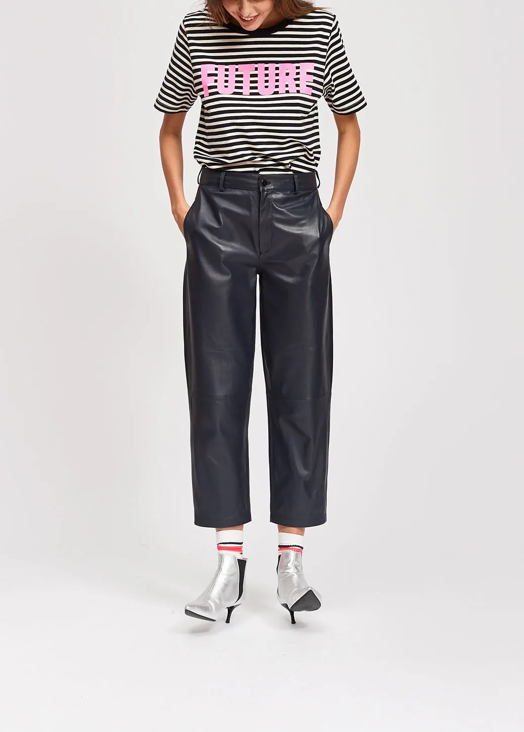 Black leather cropped trousers