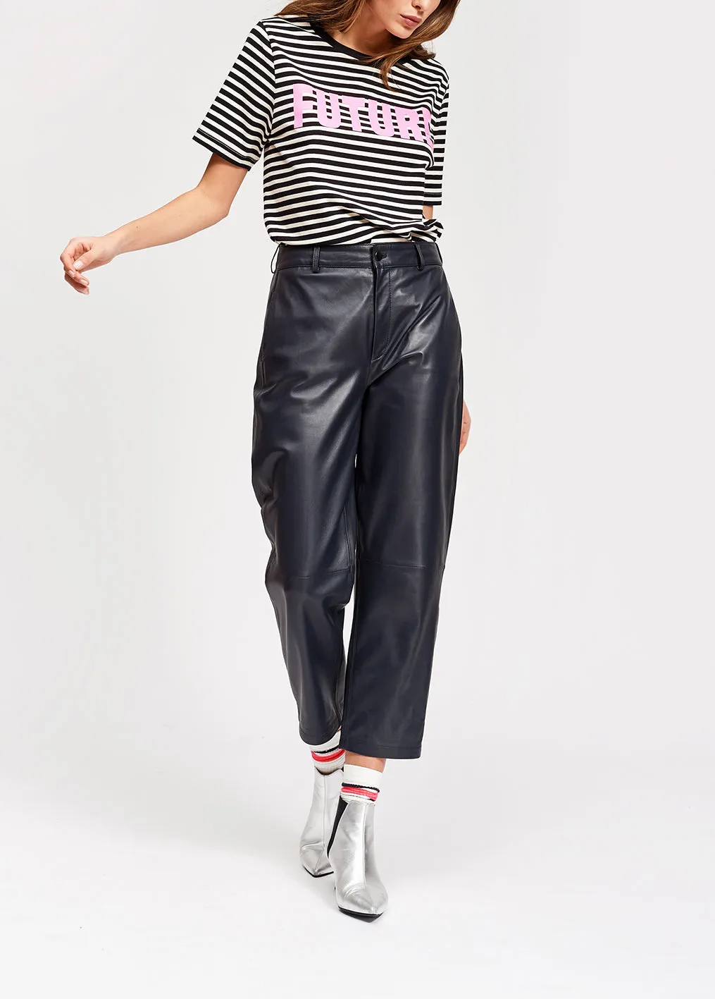 Black leather cropped trousers