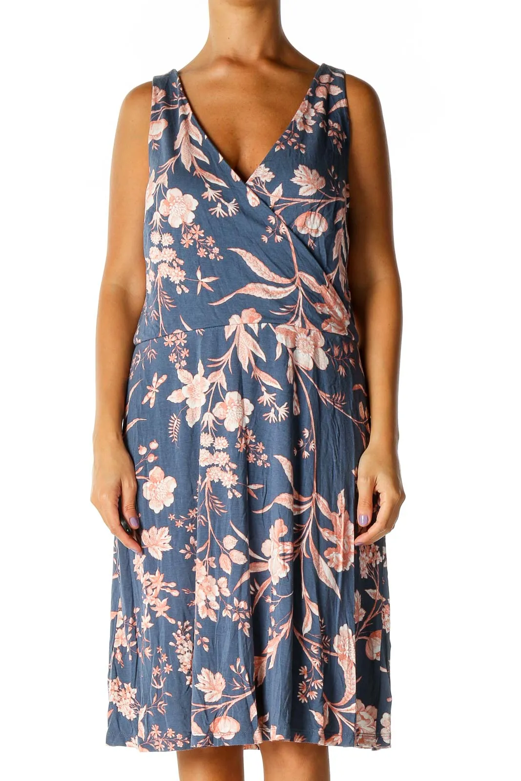 Blue Floral Print Retro A-Line Dress