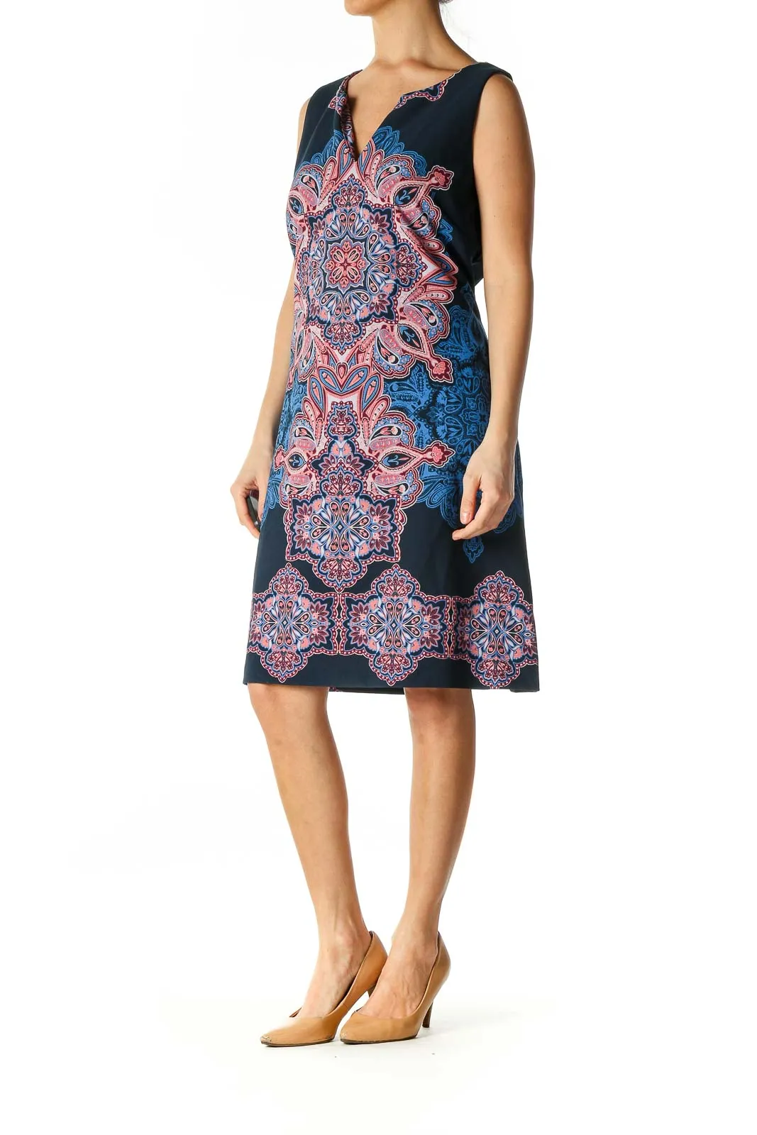 Blue Geometric Print Bohemian A-Line Dress