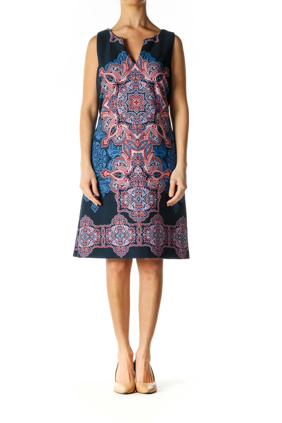 Blue Geometric Print Bohemian A-Line Dress