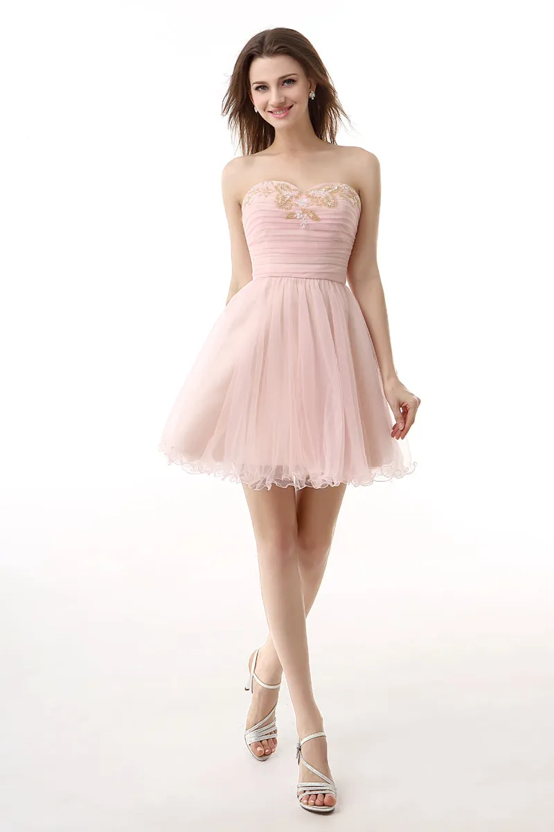 Blushing Pink Sweetheart Beaded A-line Short Homecoming Dresses