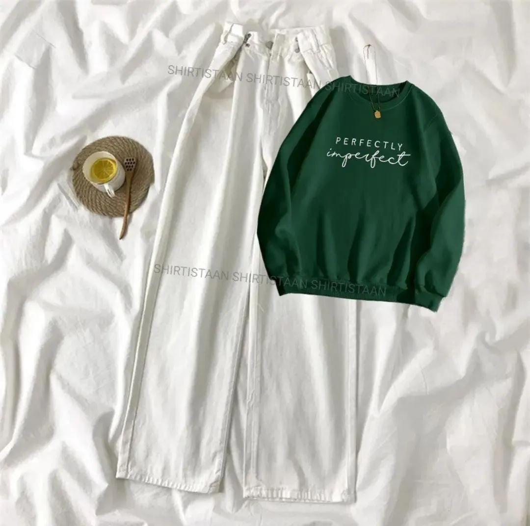 BOTTLE GREEN PERFECTLY IMPERFECT SWEATSHIRT WITH WHITE WIDE LEG