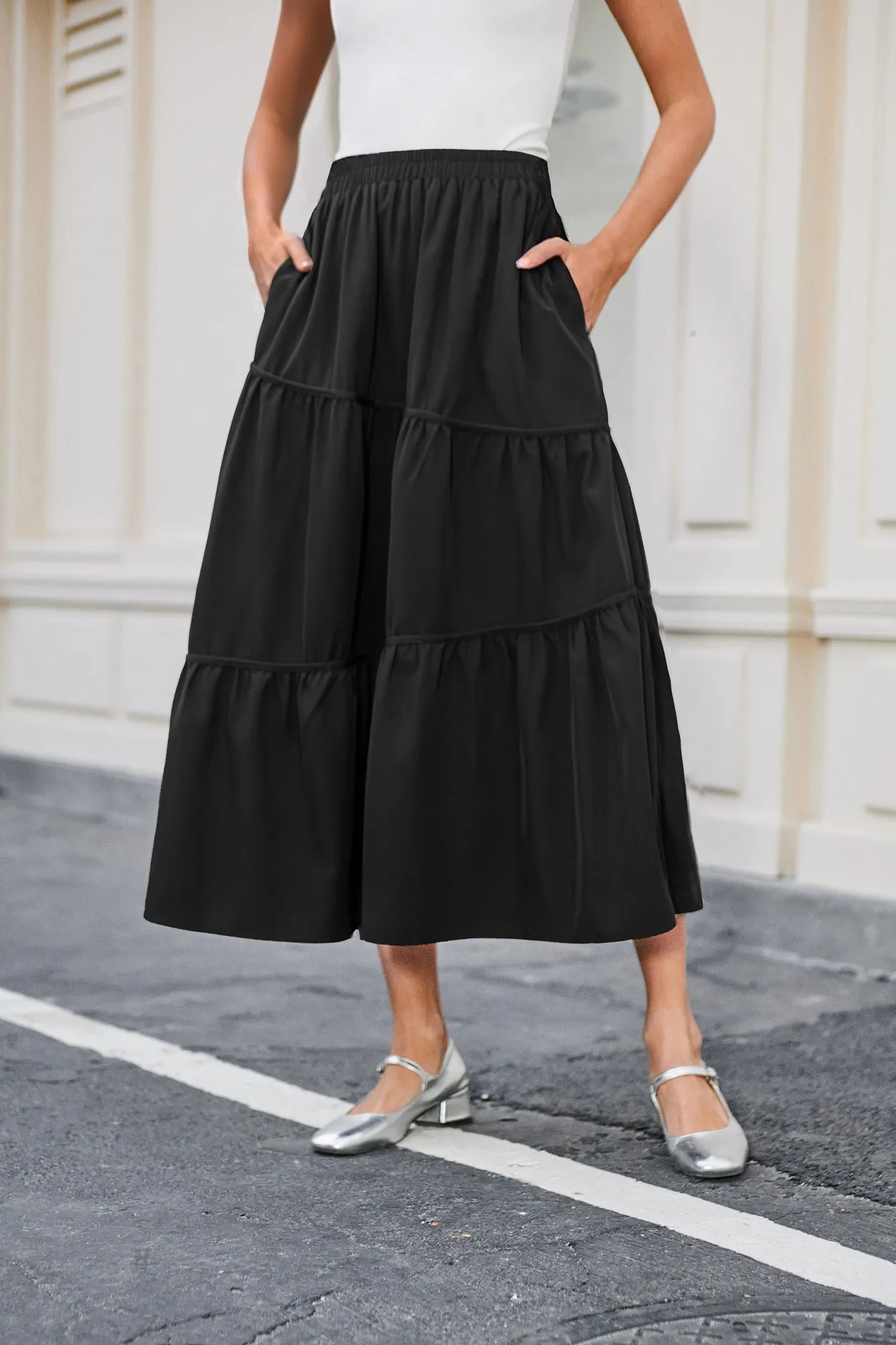 BP Women Tiered Swing Skirt Elastic Waist Mid-Calf Flared A-Line Skirt