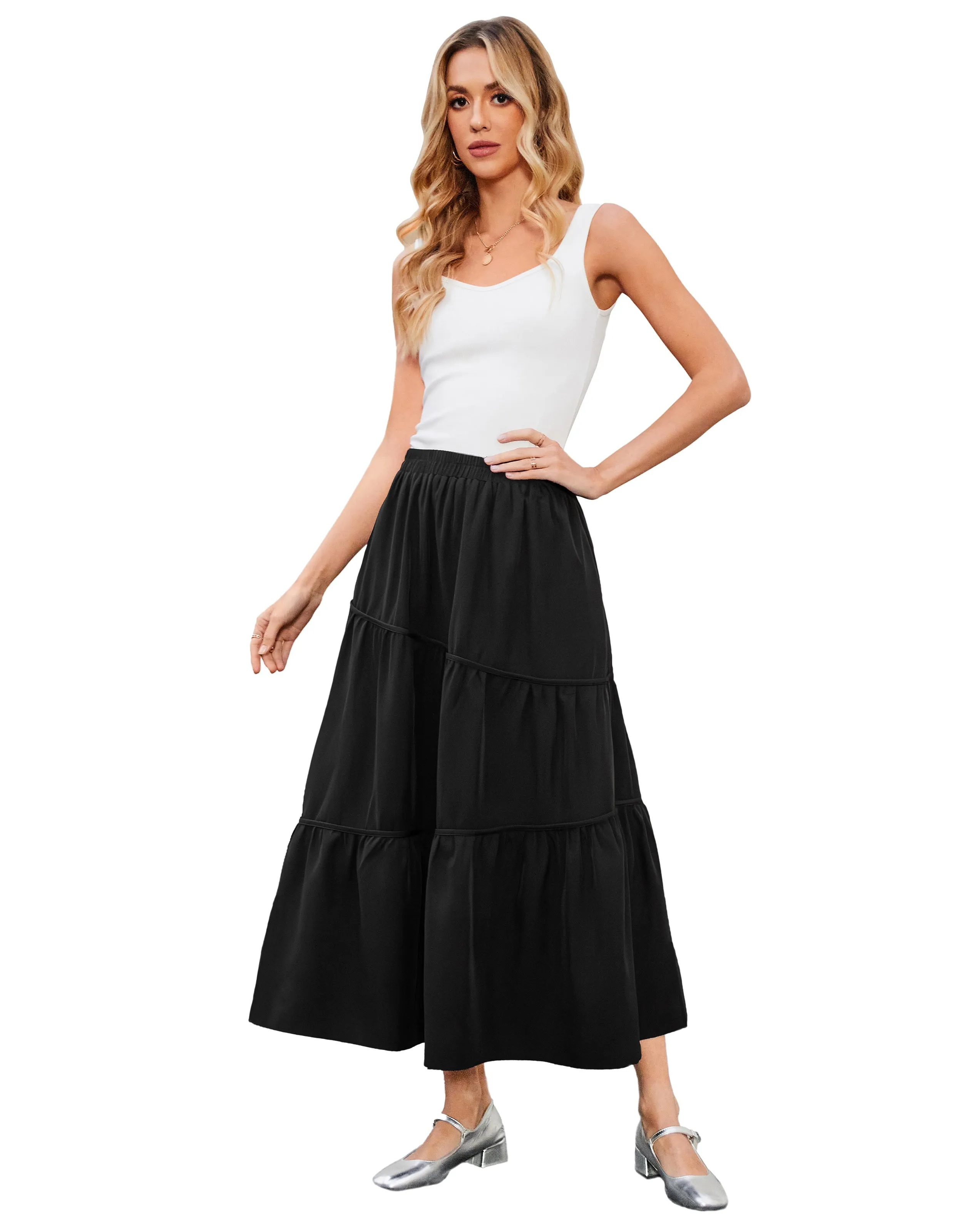 BP Women Tiered Swing Skirt Elastic Waist Mid-Calf Flared A-Line Skirt