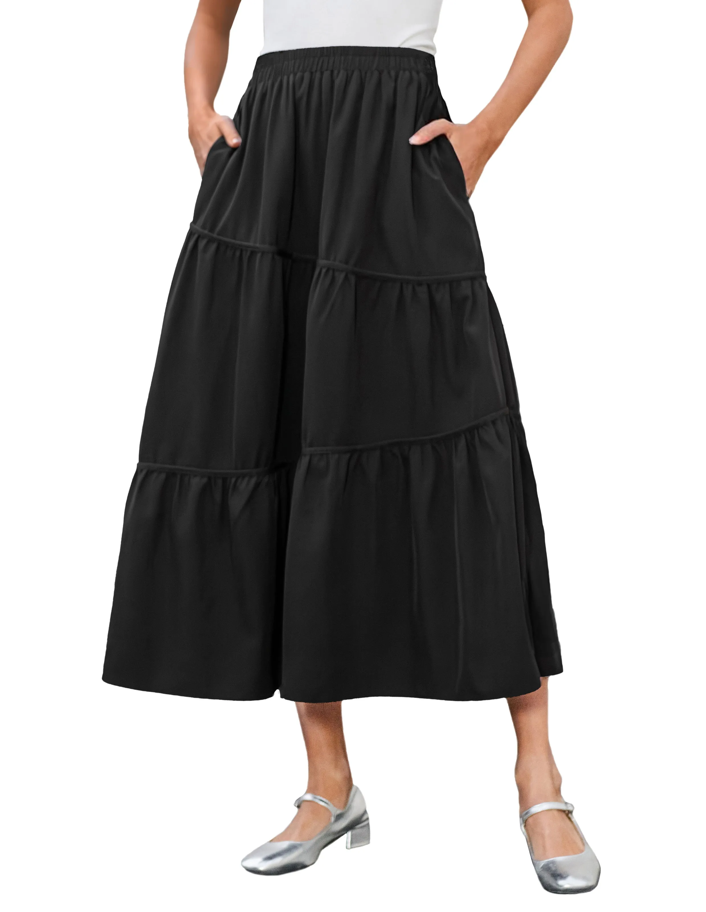 BP Women Tiered Swing Skirt Elastic Waist Mid-Calf Flared A-Line Skirt