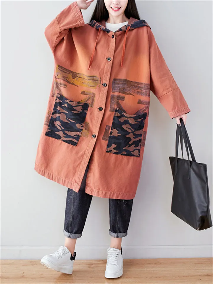 Camouflage Pinted Hooded Trench Jacket