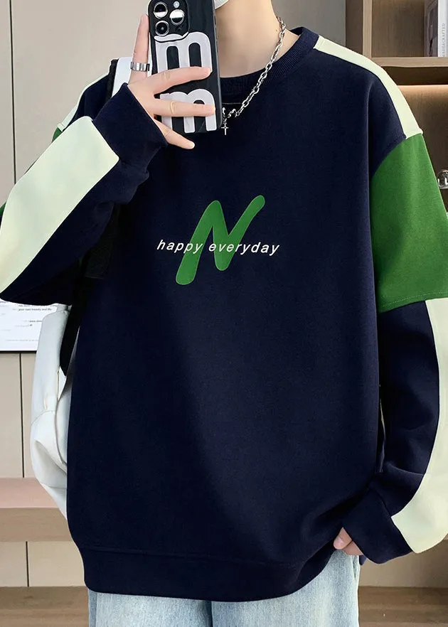 Casual Navy O Neck Patchwork Warm Fleece Mens Sweatshirts Winter RP061