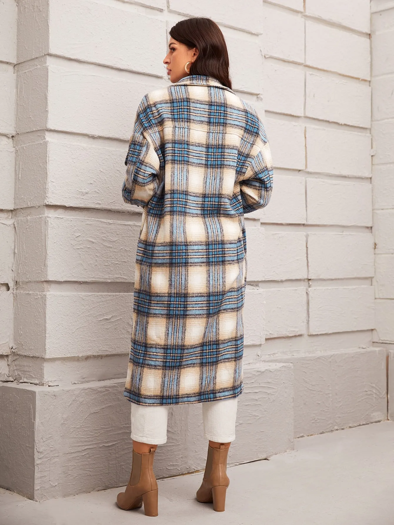 Casual Plaid Button Front Long Sleeve Collar Long Women Coat