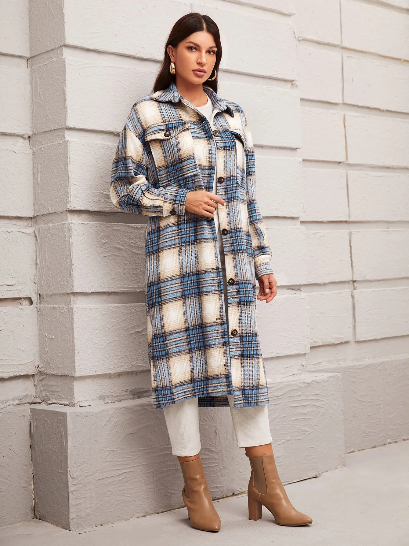 Casual Plaid Button Front Long Sleeve Collar Long Women Coat