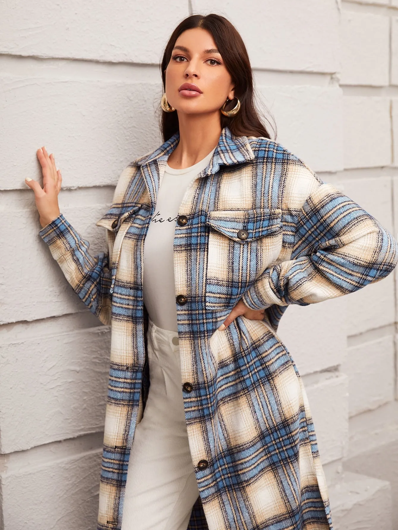 Casual Plaid Button Front Long Sleeve Collar Long Women Coat