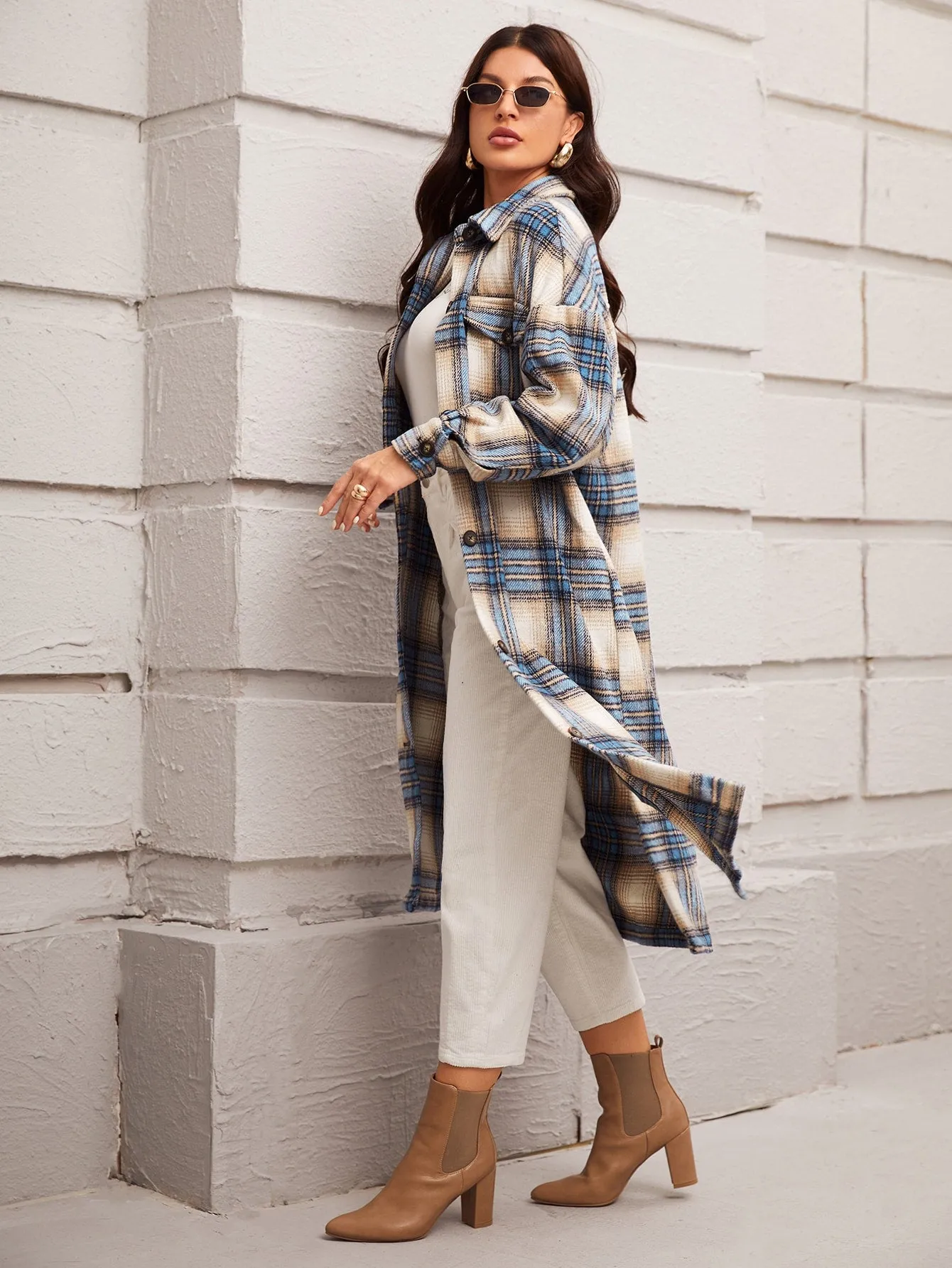 Casual Plaid Button Front Long Sleeve Collar Long Women Coat