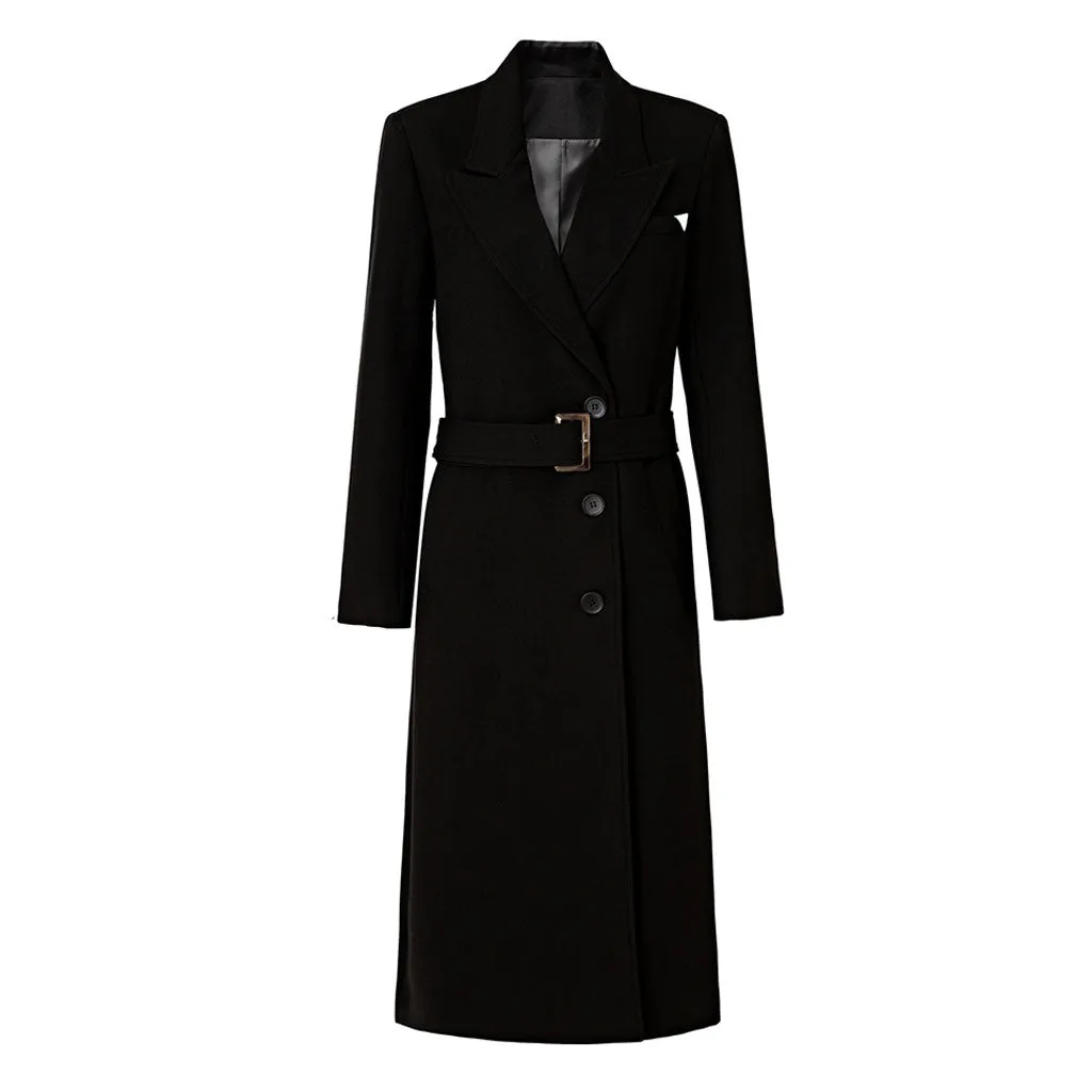 Classic Peak Lapel Single Breasted Belted Wool Blend Trench Coat