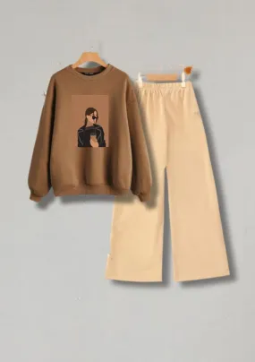 COFEE GIRL BROWN SWEATSHIRT WITH BEIGE FLAPPER