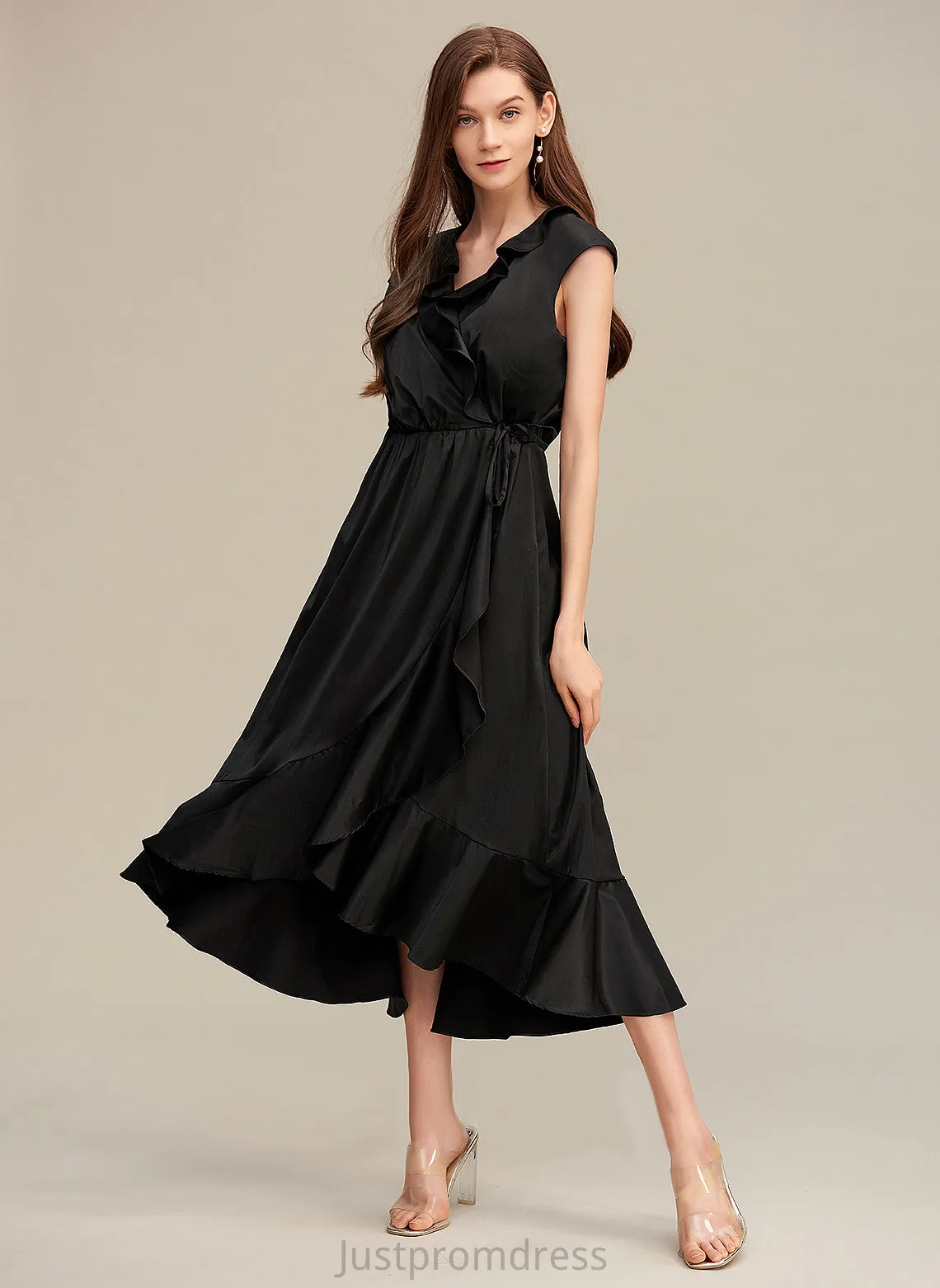 Cotton Blends Asymmetrical Short Club Dresses Sleeves Elegant Dresses Caitlyn V-Neck A-line