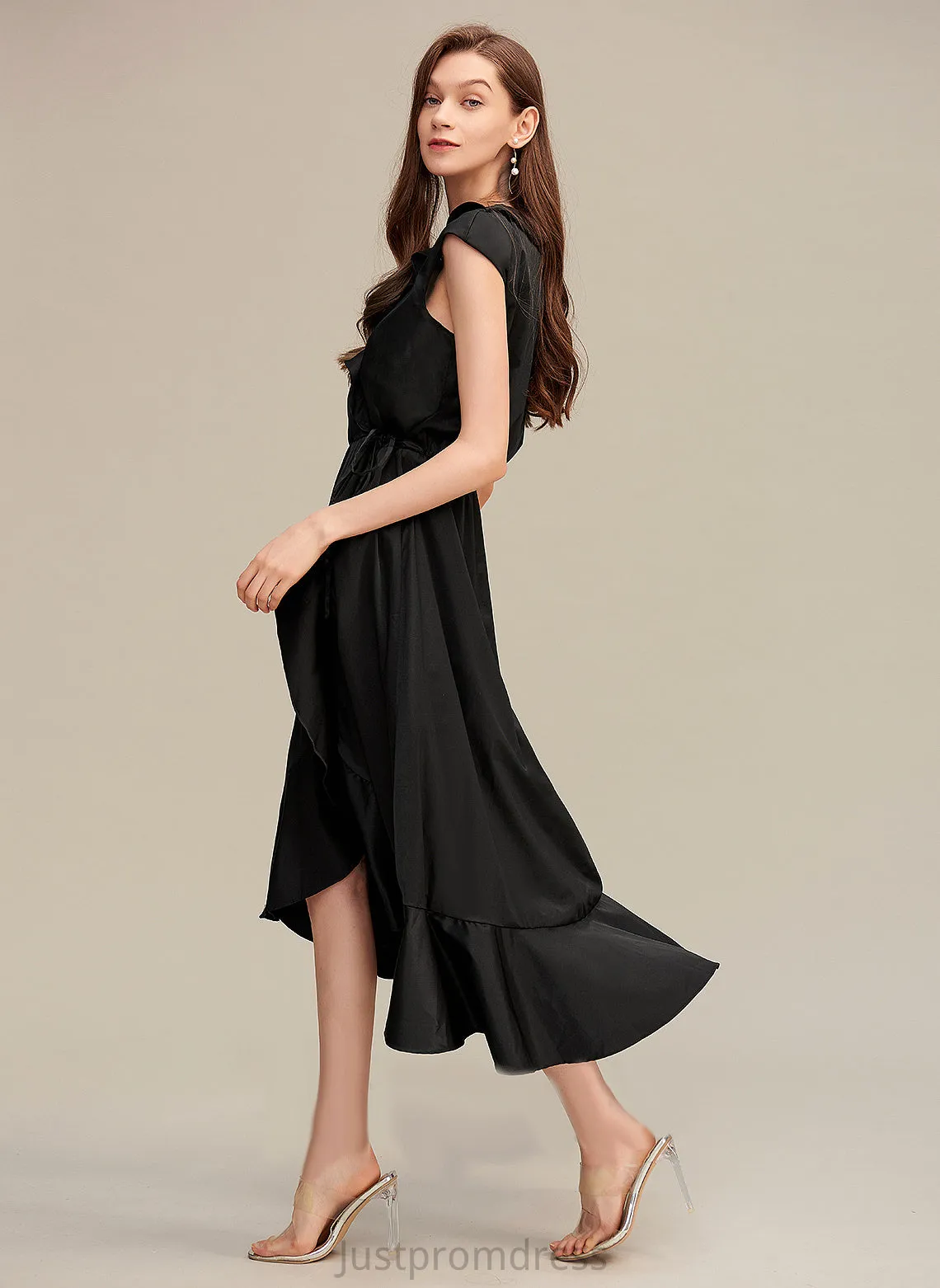 Cotton Blends Asymmetrical Short Club Dresses Sleeves Elegant Dresses Caitlyn V-Neck A-line