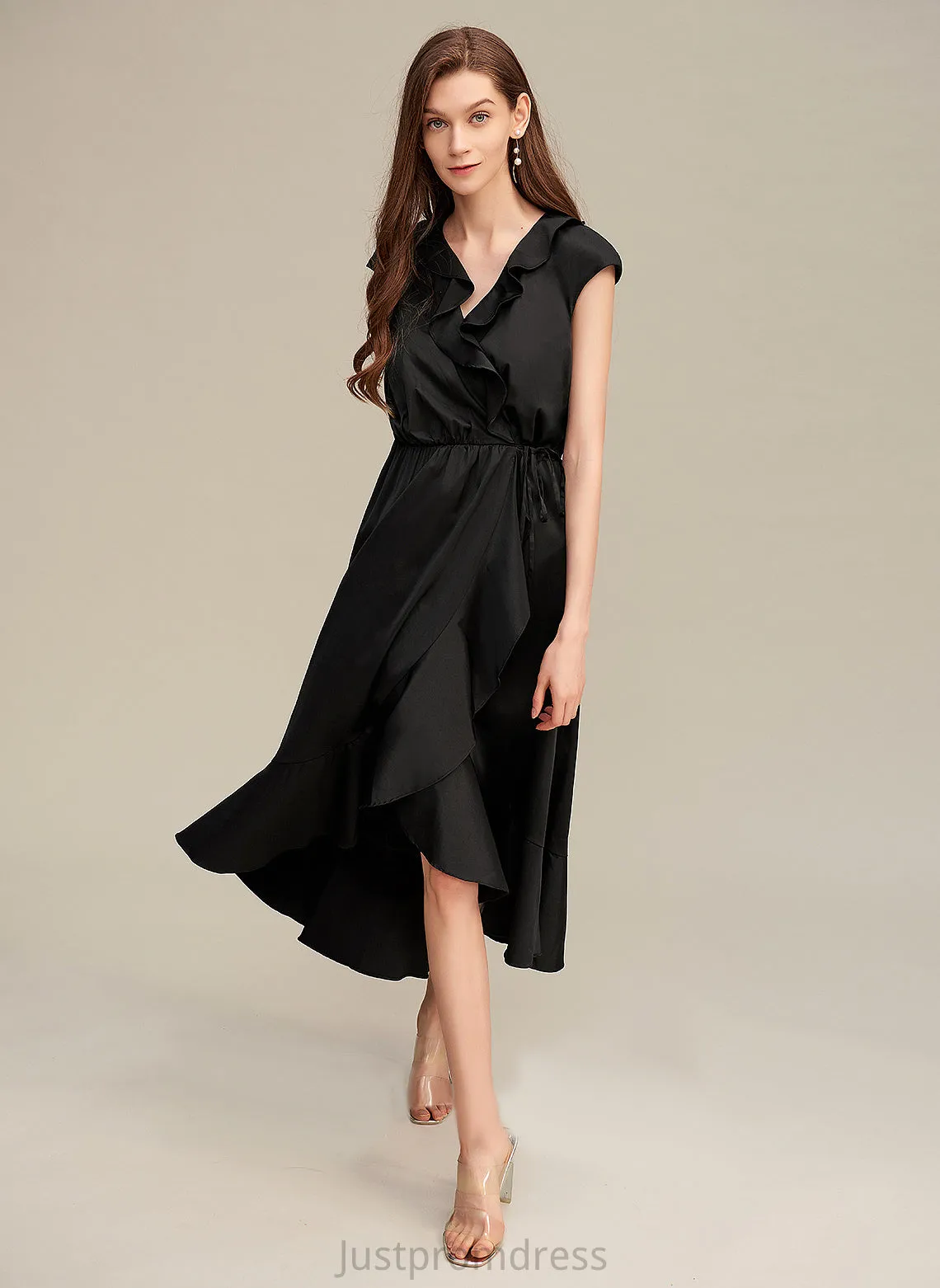 Cotton Blends Asymmetrical Short Club Dresses Sleeves Elegant Dresses Caitlyn V-Neck A-line