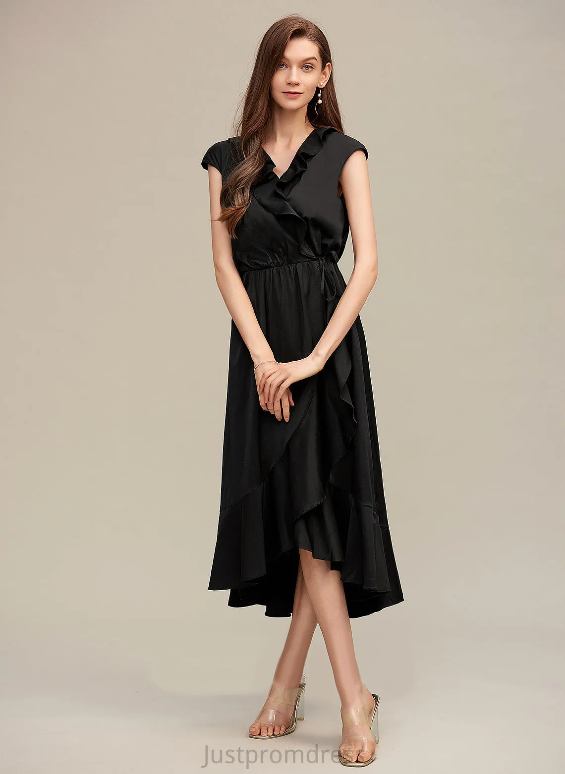 Cotton Blends Asymmetrical Short Club Dresses Sleeves Elegant Dresses Caitlyn V-Neck A-line