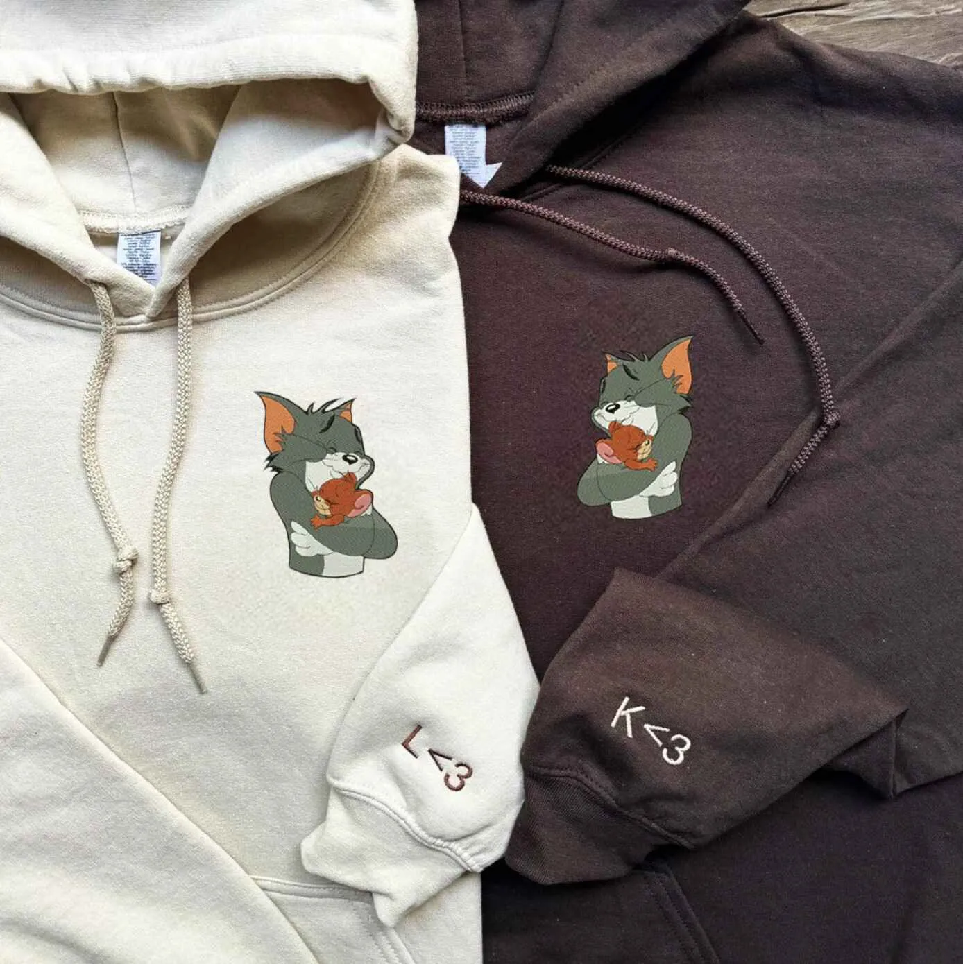 Cute Cat & Mouse Matching Couple Sweatshirts - Personalized Embroidered Sweatshirts For Couples