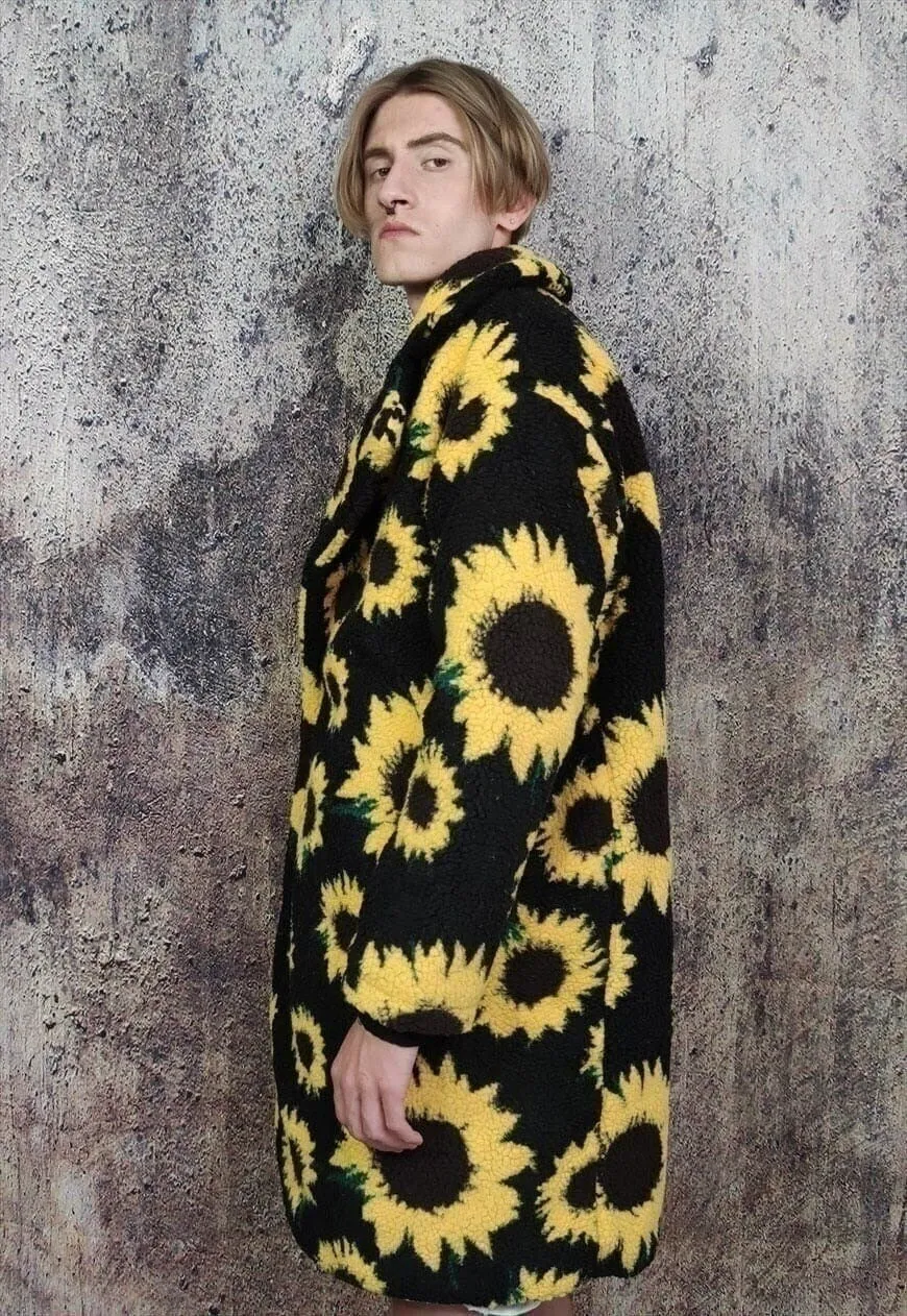 Daisy fleece jacket sunflower floral trench retro coat black