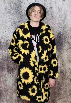 Daisy fleece jacket sunflower floral trench retro coat black