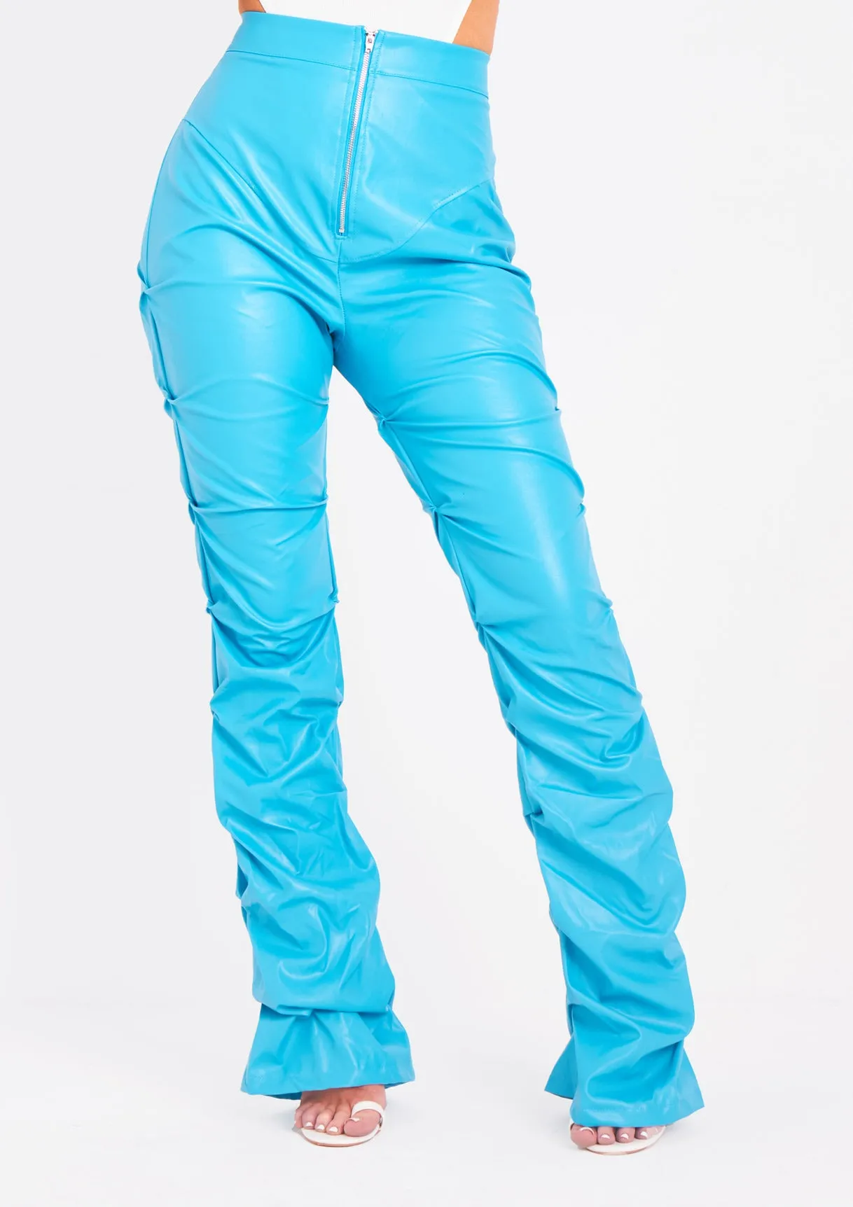 Darelle Blue High Waisted Ruched PU Trousers