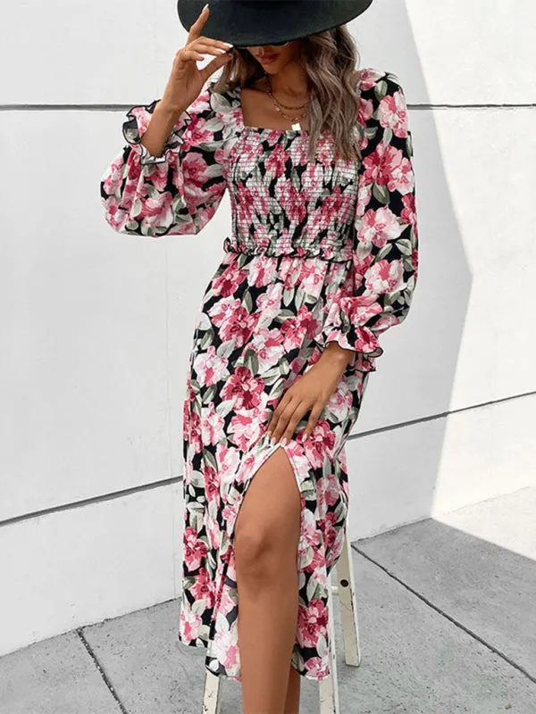 Floral Lantern Sleeve Shirred Waist Square Neck Midi Dress