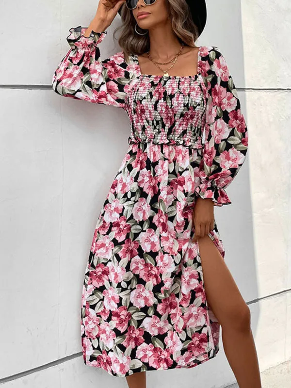 Floral Lantern Sleeve Shirred Waist Square Neck Midi Dress