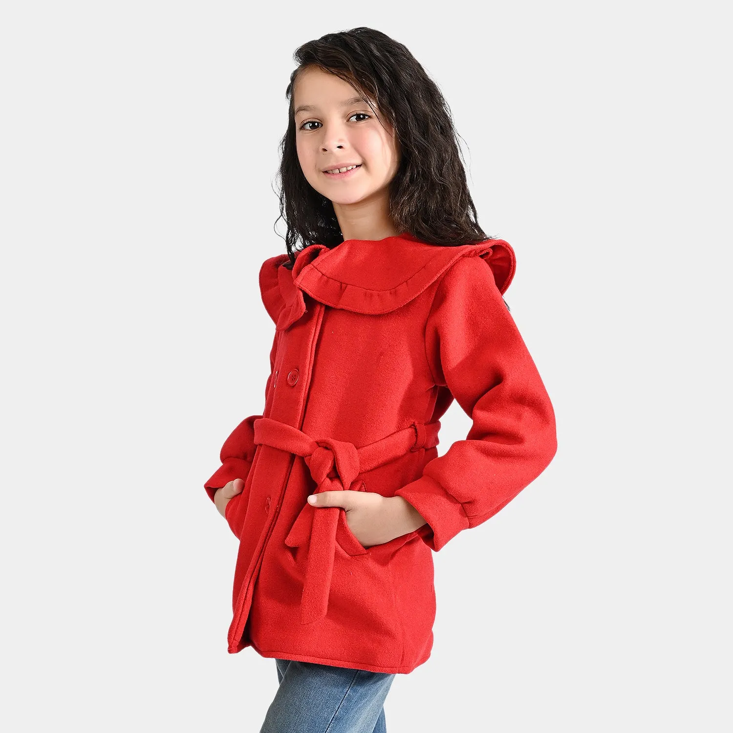 Girls Wool Woven Trench Coat-Red